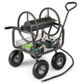Portable Garden Hose Reel Cart Holds 300FT of 5/8" Large Capacity, Heavy Duty Metal Hose Cart with 4 Wheels & Storage Basket for Lawn Yard